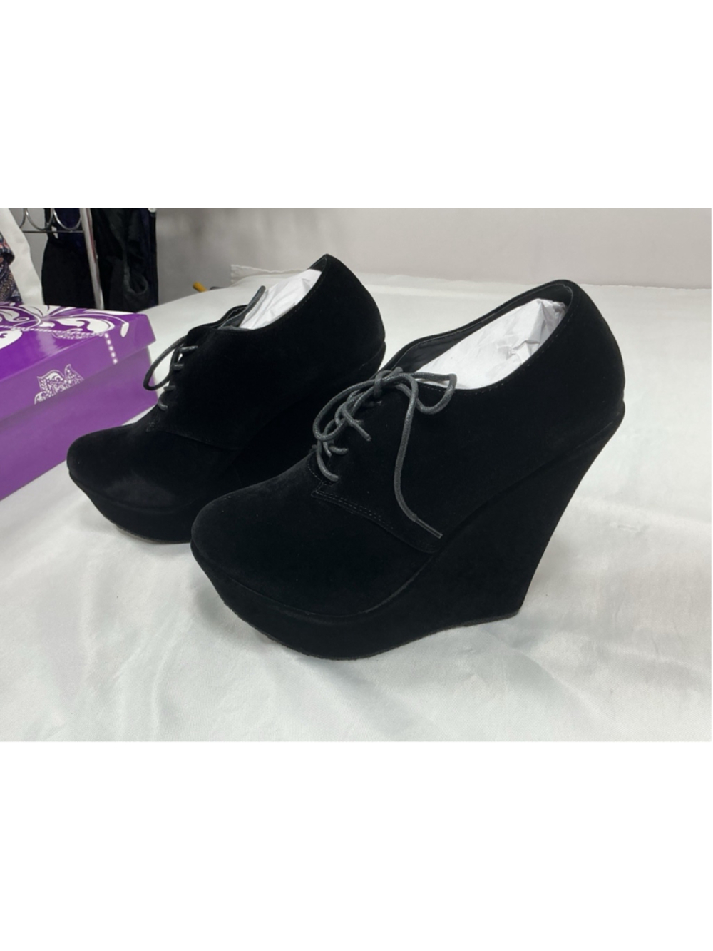 Womans New Forever Trendy Lace Up Platform Wedge Bootie Size 8.5 Black